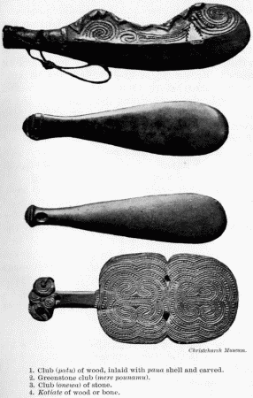 Christchurch Museum.

1. Club (patu) of wood, inlaid with paua shell and carved.

2. Greenstone club (mere pounanu).

3. Club (onewa) of stone.

4. Kotiate of wood or bone.