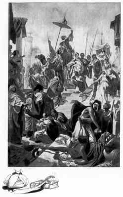 Mahomet, preaching the unity of God, enters Mecca at the head of his victorious followers,
Painting by A. Mueller.