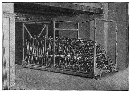 Fig. 11.&mdash;Japanning and Enamelling Stove for
Iron-Bedsteads and Household Ironmongery with Truck on Rails.