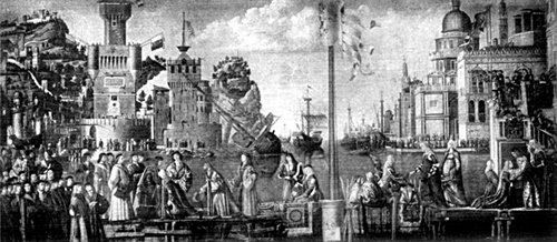 THE DEPARTURE OF THE BRIDEGROOM AND HIS MEETING WITH
URSULA FROM THE PAINTING BY CARPACCIO
In the Accademia