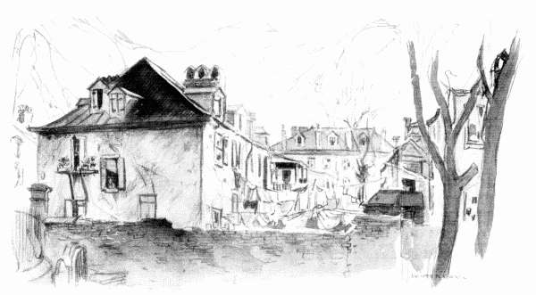 Or, opposite St. Philip's, a perfect example of the rude architecture of an old French village; stucco walls, tinted
and chipped, red tile roofs and all