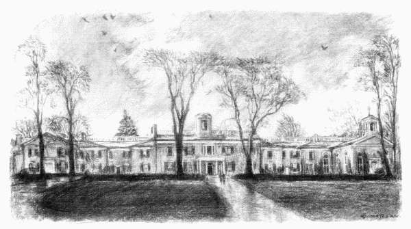Doughoregan Manor&mdash;The house was of buff-colored brick. It was low and very long, with wings extending from
its central structure like beautiful arms flung wide in welcome