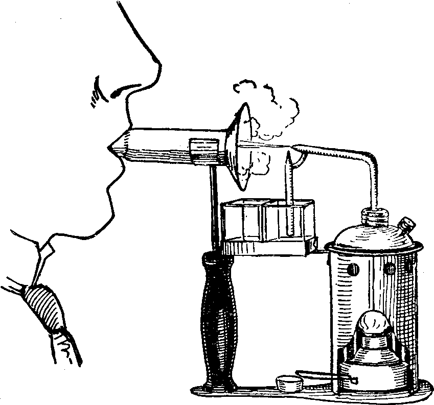 Illustration:
Fig. 11. Steam Atomizer, illustrating position of head during treatment.