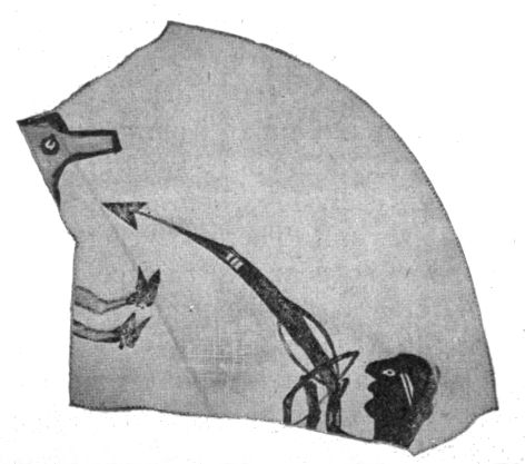 Fig. 263&mdash;War god shooting an animal. (Fragment
of food bowl.)