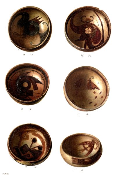 PL. CXXXIV&mdash;
FOOD BOWLS WITH FIGURES OF SUN, BUTTERFLY, AND FLOWER FROM SIKYATKI