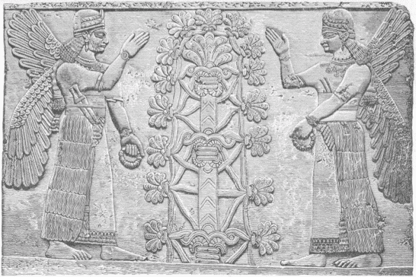 63.&mdash;FEMALE WINGED FIGURES BEFORE THE SACRED TREE. (From
a photograph in the British Museum.)