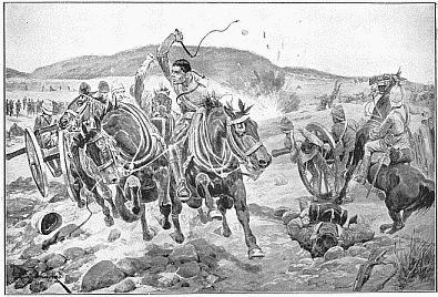 BEFORE LADYSMITH&mdash;HORSE ARTILLERY GALLOPING TO TAKE
UP A NEW POSITION. Drawn by R. Caton Woodville.