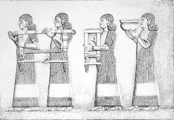 Fig. 24.&mdash;The suite of Sargon, <i>continued</i>. Bas-relief from
Khorsabad. Alabaster. Height 97 inches. Drawn by Saint-Elme Gautier.