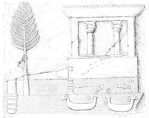 Fig. 41.&mdash;Temple on the bank of a river, Khorsabad; from
Botta.