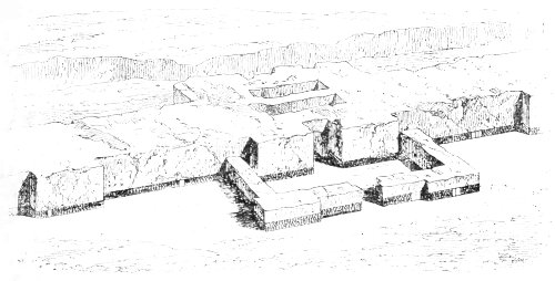 Fig. 50.&mdash;Present state of one of the city gates, Khorsabad.
Perspective compiled from Place's plans and elevations.