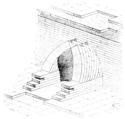 Fig. 92.&mdash;Drain at Khorsabad, with pointed arch. Section in
perspective.