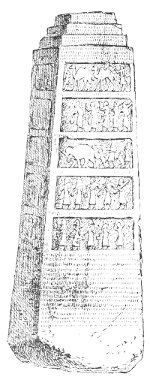 Fig. 111.&mdash;The obelisk of Shalmaneser II. in the British
Museum. Height 78 inches. Drawn by Bourgoin.