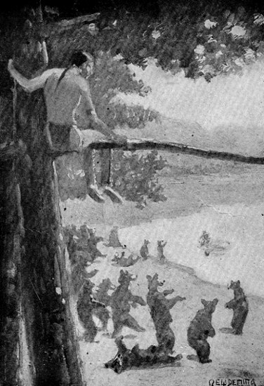 THE STRANGER WATCHES THE LAUGH-MAKER AND THE BEARS.

[Frontispiece. See page 189