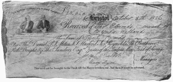 FACSIMILE OF A RECEIPT FOR &pound;20 GIVEN BY THE
TRUSTEES OF THE BRISTOL PRUDENT MAN'S
FUND SUBMITTED FOR PAYMENT 78 YEARS AFTER ISSUE.