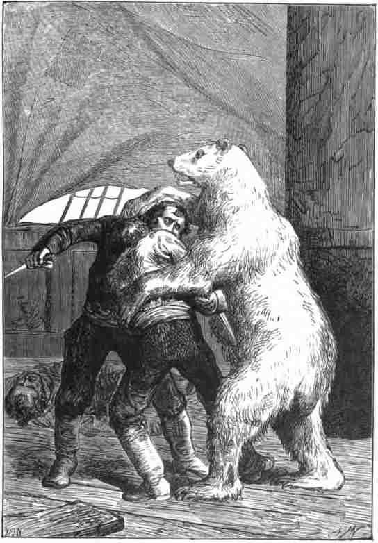 The bear, having descended from the mast, had
fallen upon the two men.