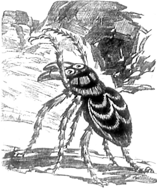 Down from the pinnacle of rock streaked a gigantic
spider.