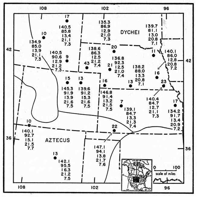 Geographic variation in five
measurements of <i>Reithrodontomys megalotis</i> on the central Great
Plains.