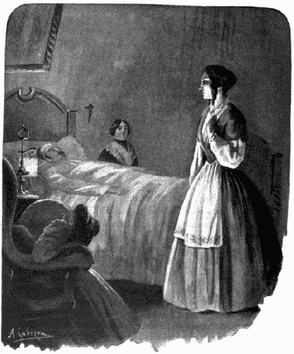 Erguida y quieta como una estatua, permanec�a la joven al
pie del ensangrentado lecho.