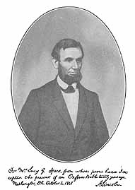 Photo is signed:
For Mrs. Lucy G. Speed, from whose pious hand I
accepted the present of an Oxford Bible twenty years ago.
Washington, D.&nbsp;C. October 3, 1861
A. Lincoln.