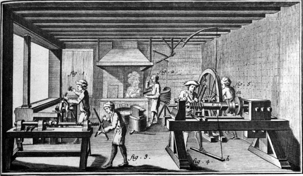 Figure 9.&mdash;Making screws in France in the third quarter
of the 18th century. From L&rsquo;Encyclop&eacute;die, ou dictionnaire raisonn&eacute; des
sciences, des arts et des m&eacute;tiers ... receuil de planches sur les
sciences, les arts lib&eacute;raux, et les arts m&eacute;chaniques, avec leur
explication (Paris: 1762-1772), vol. 9, plate 1.