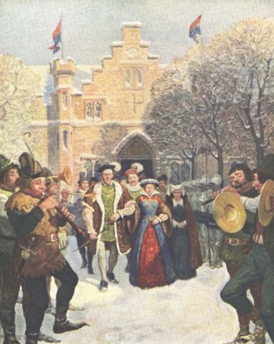 First came the bride, a sorry sight, as pale as the
winter, clinging to Sir Daniel's arm