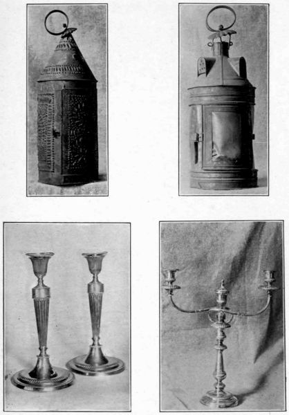 Plate LII.&mdash;Pierced, or Paul Revere Lantern; Old Hand Lantern; English Silver Candlesticks; Brass Branching Candlesticks, Chippendale, 1760.