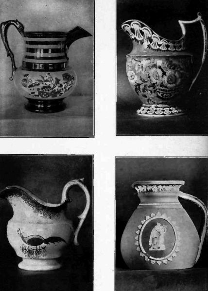 Plate LV.&mdash;Gold Luster Pitcher; Staffordshire Pitcher with Rose decoration; Peacock Delft Pitcher; Jasper Ware Wedgwood Pitcher. Blue and White.