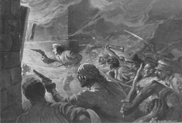 "Come on, boys!" shouted Ward. "We're going in!" and plunged through the narrow
opening, a revolver in each hand.