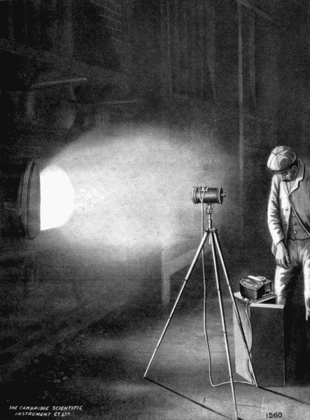 By permission of Cambridge Scientific Inst. Co., Ltd., Cambridge, Eng.
Measuring Heat at a Distance
This wonderful instrument, the Fery Radiation Pyrometer, although itself
some distance away from the furnace, is telling the temperature of its
hottest part.