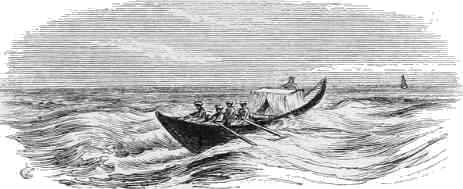 Boat with four oarsmen, one helmsman and passenger 'tent'.