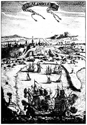 View of city of Manila; photographic facsimile of engraving in Mallet&rsquo;s Description de l&rsquo;univers (Paris, 1683)