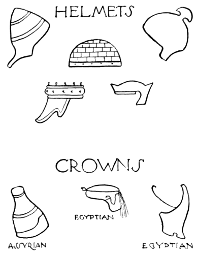 Fig. 22.&mdash;HELMETS, CROWNS,
ASSYRIAN, EGYPTIAN, EGYPTIAN
