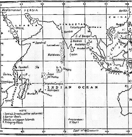 [Illustration:
Map showing distribution of coral-reefs and active volcanoes.]