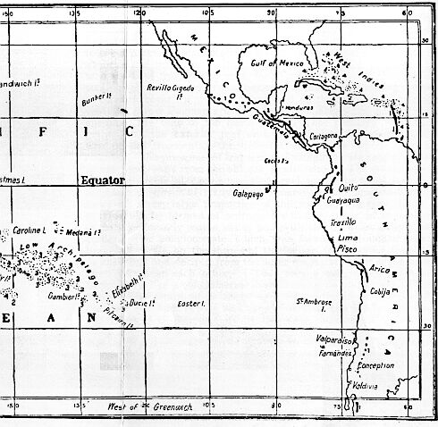 [Illustration:
Map showing distribution of coral-reefs and active volcanoes.]