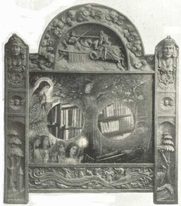 One of the Carved Mirrors at &lsquo;The Pines,&rsquo; decorated
with Dunn&rsquo;s copy of the lost Rossetti Frescoes at the
Oxford Union