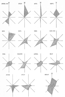 Fig. 104&mdash;Monthly wind roses for Santa Lucia, June, 1913,
to July, 1914, and composite rose for the whole period of observation.