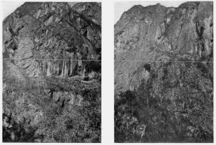 Fig. 144&mdash;Cliffed canyon wall in the Urubamba Valley
between Huadquiña and Torontoy. There is a descent of nearly 2,000 feet
shown in the photograph and it is developed almost wholly along
successive joint planes.
