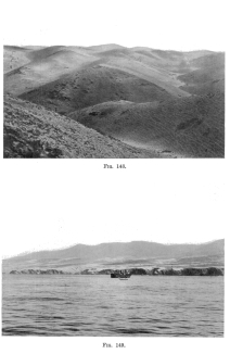 Fig. 148&mdash;The Coast Range between Mollendo and Arequipa
at the end of June, 1911. There is practically no grass and only a few
dry shrubs. The fine network over the hill slopes is composed of
interlacing cattle tracks. The cattle roam over these hills after the
rains which come at long intervals. (See page 141 for description of the
rains and the transformations they effect. For example, in October,
1911, these hills were covered with grass.)
