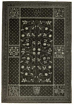 BOOKBINDING IN BLUE PIGSKIN, WITH HERALDIC BORDER
ENCLOSING A PANEL OF FLORAL DESIGN AND BACKGROUND OF POINTILLÉ. BY
KATHARINE ADAMS