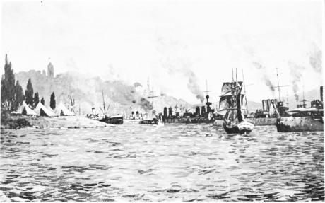 Seraglio Point

The entrance to the Golden Horn with foreign warships: a white-painted
Dutch man-of-war, the Gelderland; the French cruiser, Léon Gambetta;
H.M.S. Weymouth; and an Austrian battleship. In the distance the Tower
of Galata.