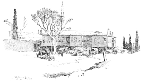 A Disused Monastery

Near the Golf-links on the heights overlooking the upper reaches of the
Golden Horn. Here also refugees cluster around the dilapidated walls
waiting patiently for transport to Asia Minor.