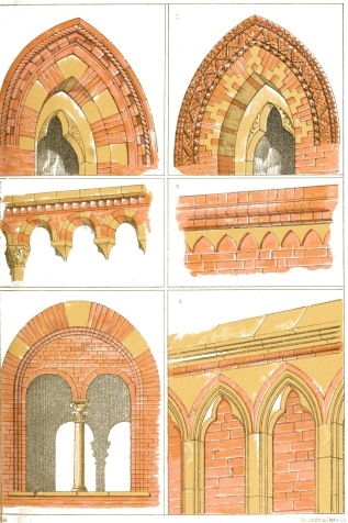 18. ITALIAN BRICKWORK:
1. 2. Windows at Verona.
3. Cornice S. Ambrogio, Milan.
4. Cornice Broletto Brescia.
5. Windows in Broletto, Monza.
6. Wall Arcade S. Fermo Maggiore.
