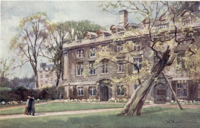 THE FELLOWS’ BUILDING IN CHRIST’S COLLEGE

This building is in the Second Court. The design is attributed to Inigo
Jones. Through it we pass into the Fellows’ Garden, where we shall find
the famous mulberry tree sacred to Milton.