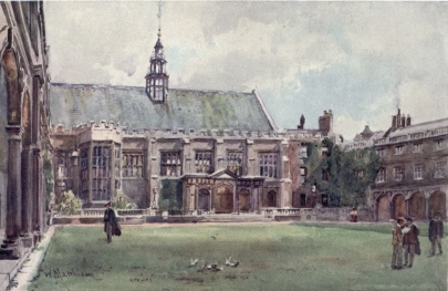 THE HALL OF TRINITY COLLEGE FROM NEVILE’S COURT

This is sometimes called the Cloister Court, and was built at the
expense of Dr. Nevile about 1612. The principal building in this picture
is the Dining Hall with its beautiful oriel window. Passing up the steps
and through the passage we enter the Great Court, where we get another
fine view of this Hall. Lord Byron occupied rooms in Nevile’s Court.