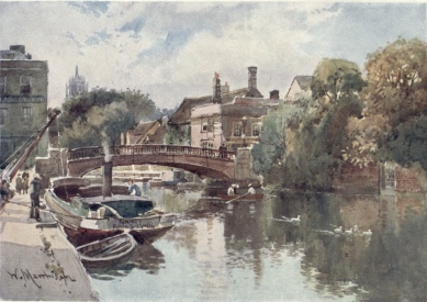 THE GREAT BRIDGE&mdash;BRIDGE ST.

This view is painted from the old Quay side. The water-gate of Magdalene
College is seen on the right, and in the distance is the Tower in the
New Court of St. John’s College rising above the tree-tops.