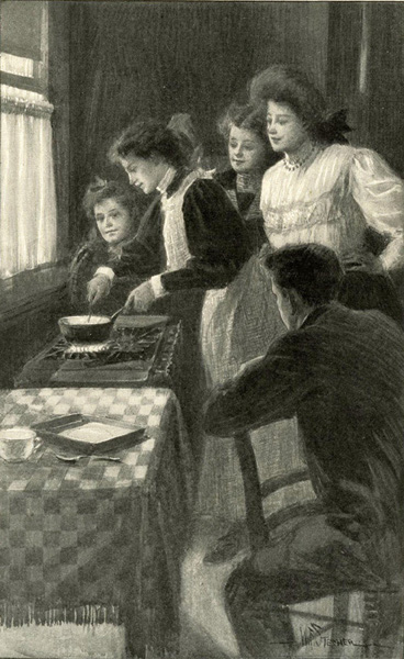 THIS SUNNY LITTLE MAIDEN WAS BENDING ABSORBED OVER THE
GAS RANGE