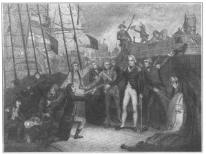 Nelson receiving the sword of the Spanish admiral
surrendered after a naval battle in the war of 1797.

From the painting by David Neal