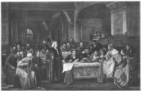 Columbus pleading his cause before King Ferdinand and
Queen Isabella of Spain.