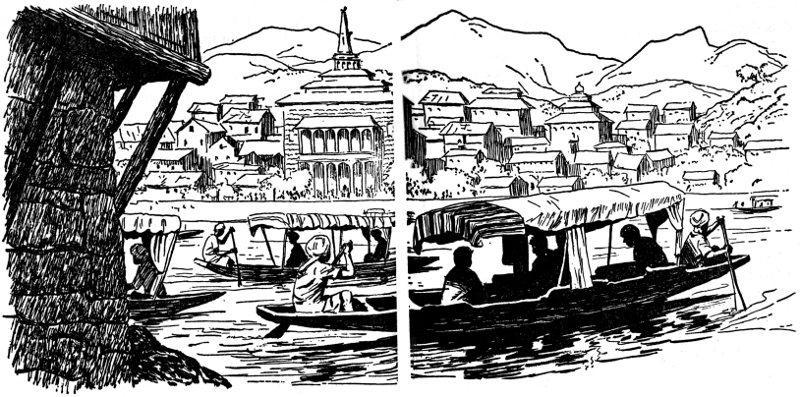 Boat on river, passing a town